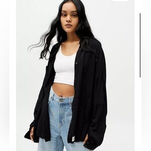 BDG black oversized raw hem button down shirt blouse size XS